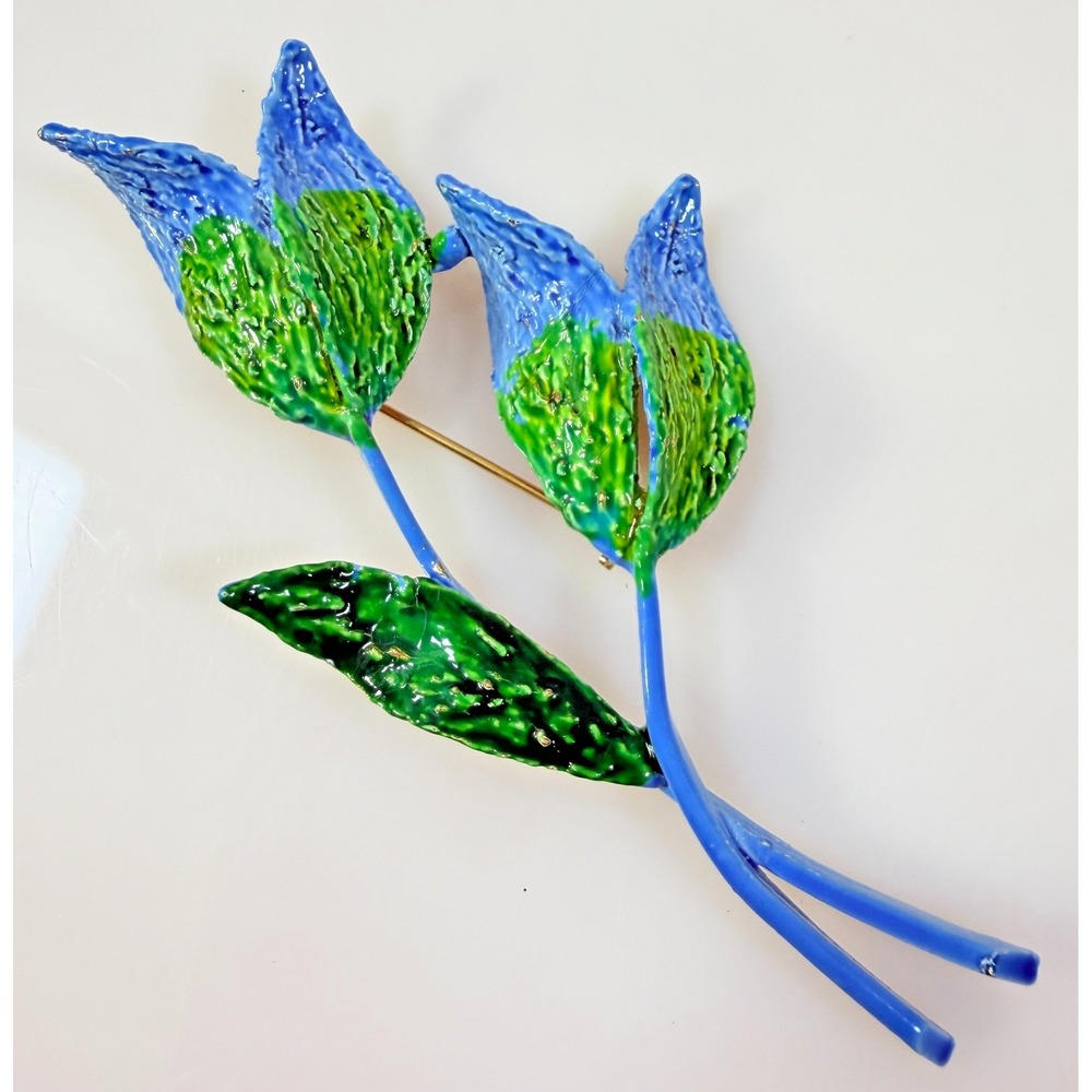 Vintage ART Arthur Pepper Brooch Enamel Flower Blue Green Floral Large 4.5" Pin